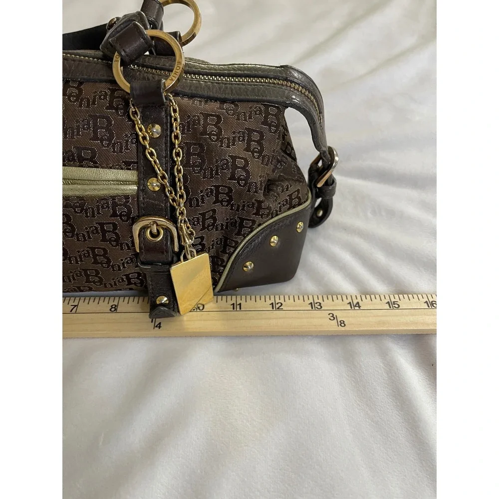 Bonia Monogram Canvas Satchel Bag Brown Leather Trim Gold Hardware Studded